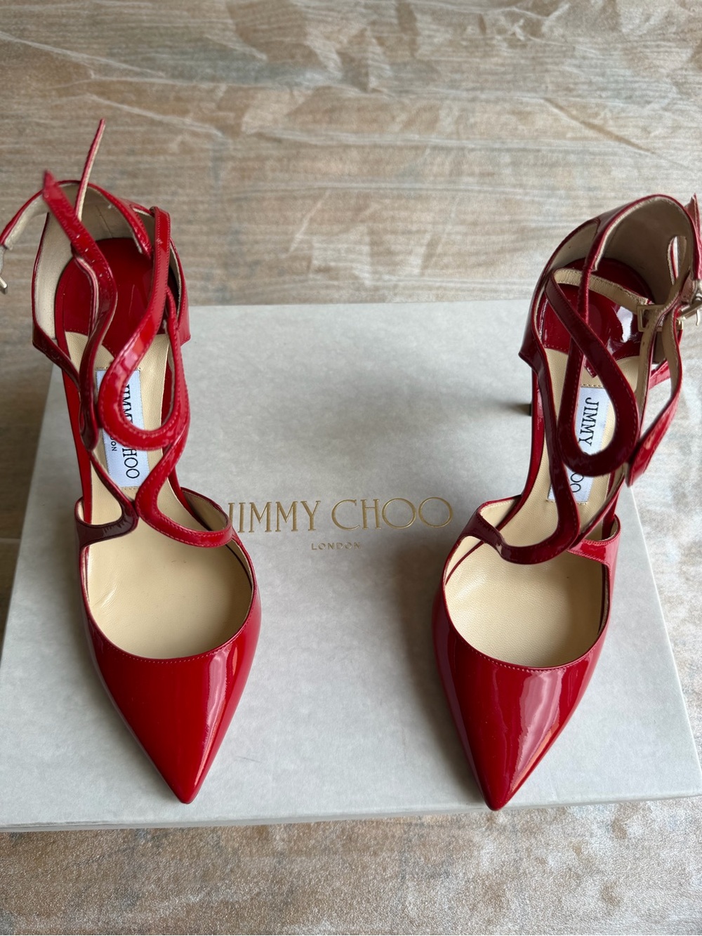 Jimmy Choo Red Patent Strappy Pointed-Toe Heels